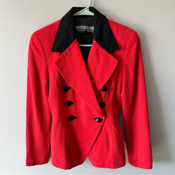 Linda Allard Ellen Tracy Wool Blazer Jacket Sz 4 Red Black 90s 80s Vintage - Picture 1 of 14